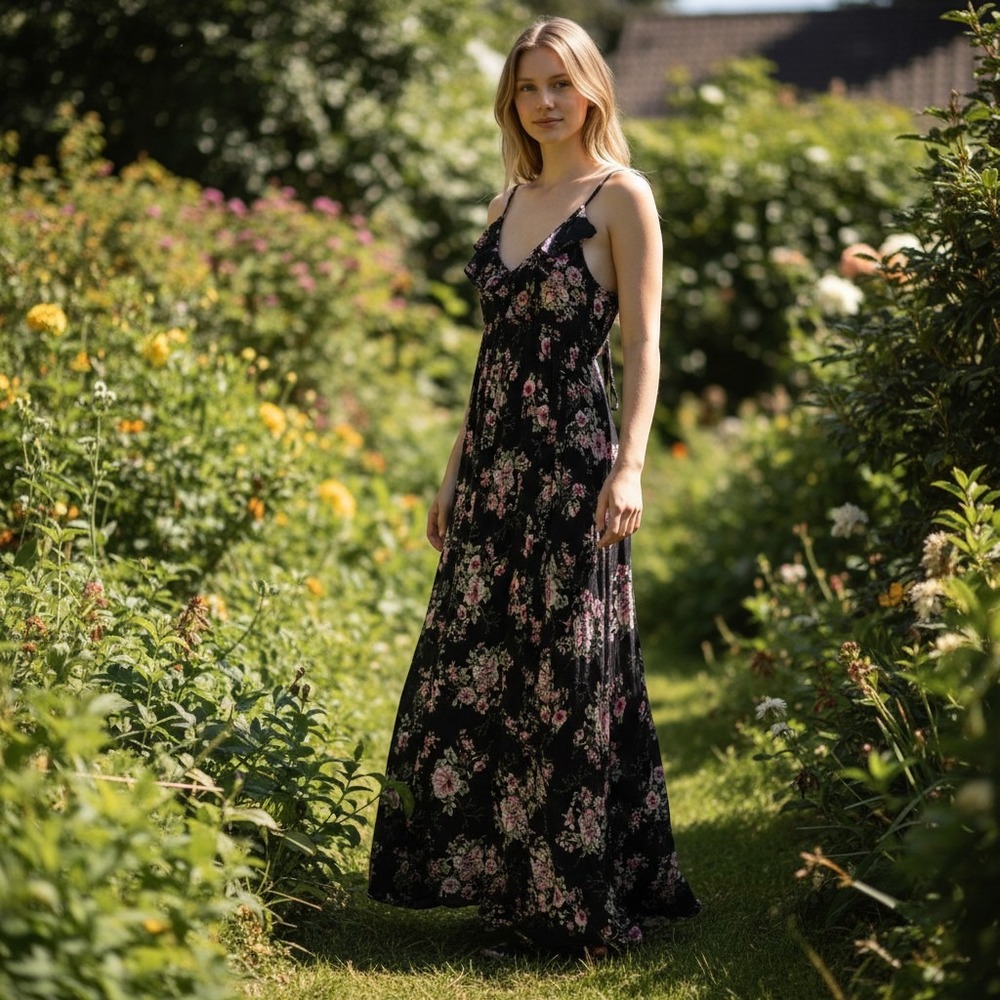 ECLIPSE maxi dress women large black floral lace up back boho ruffle halter